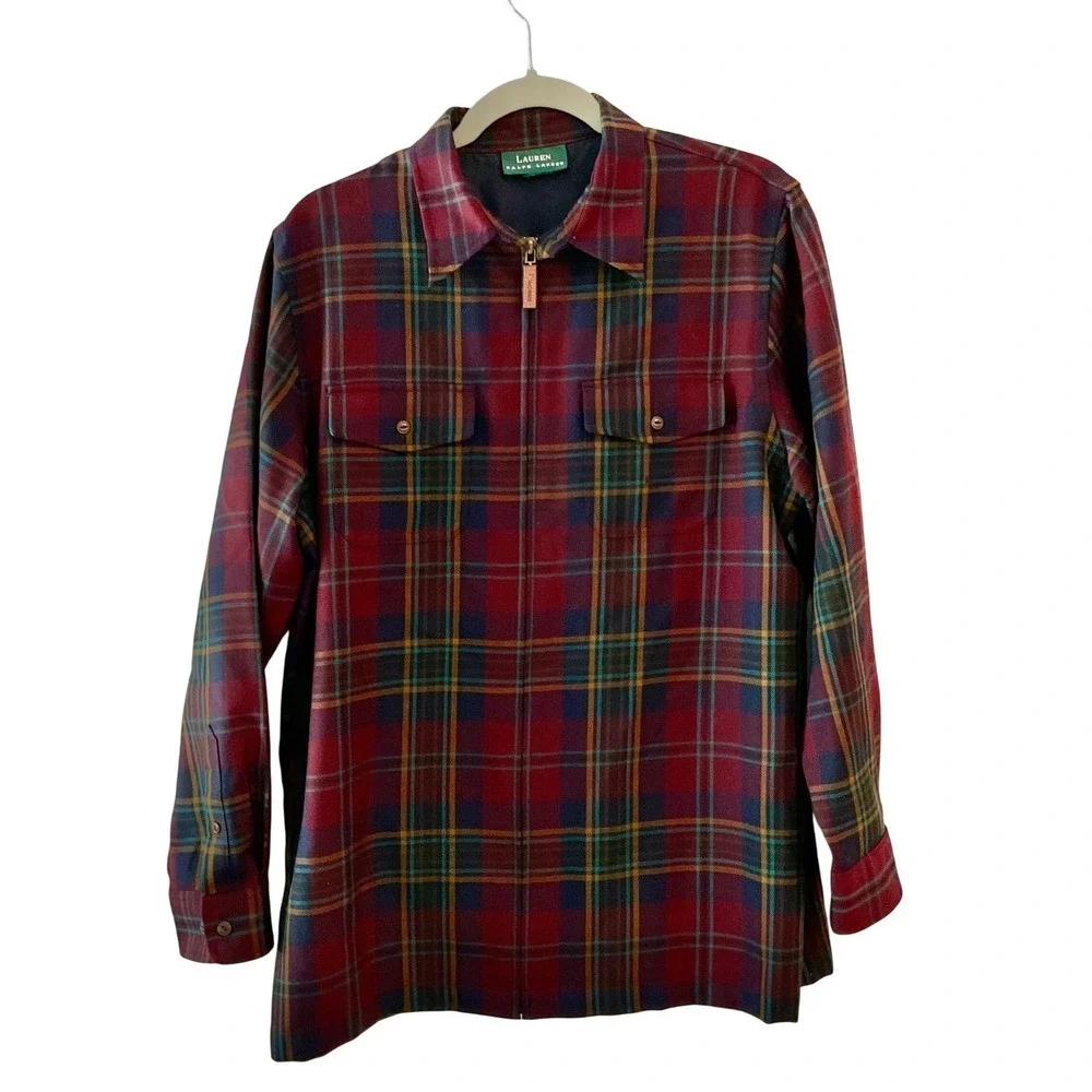 VTG Lauren Ralph Lauren women's‎ worsted wool jacket zip plaid equestrian large